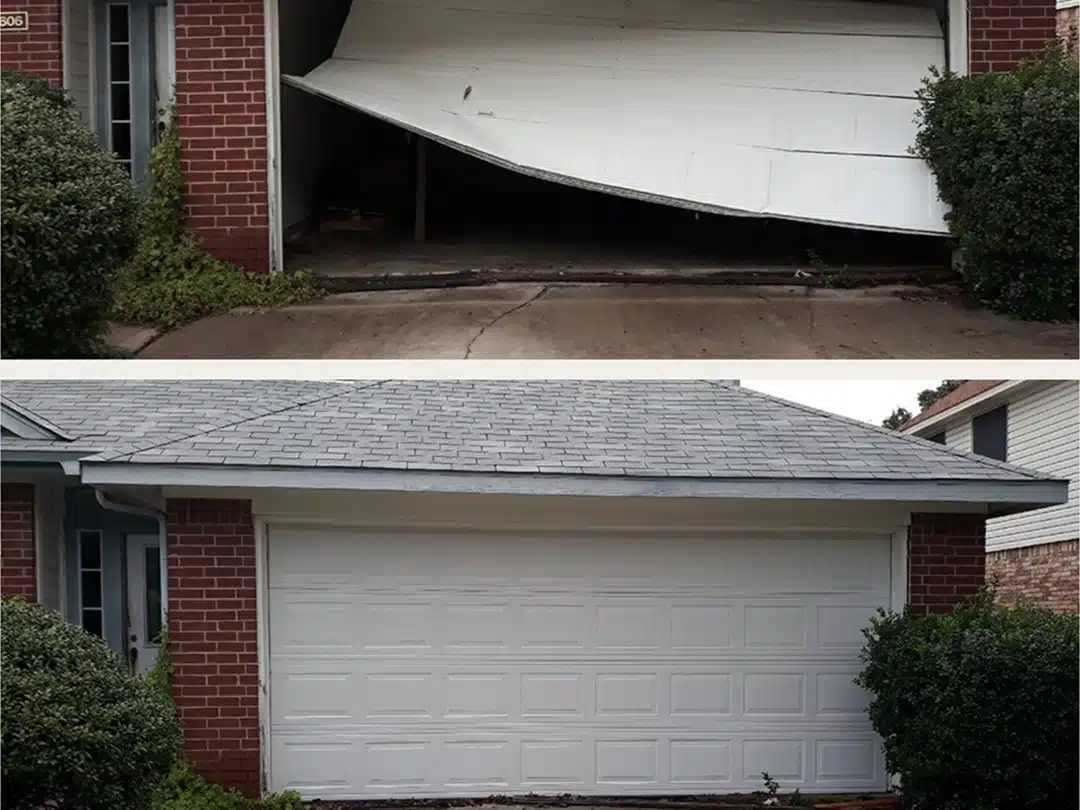 Before and after picture of a broken garage door and after with door fixed.